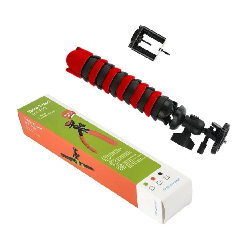 Trípode flexible 30cm + soporte de celular Negro/Rojo – SIPO