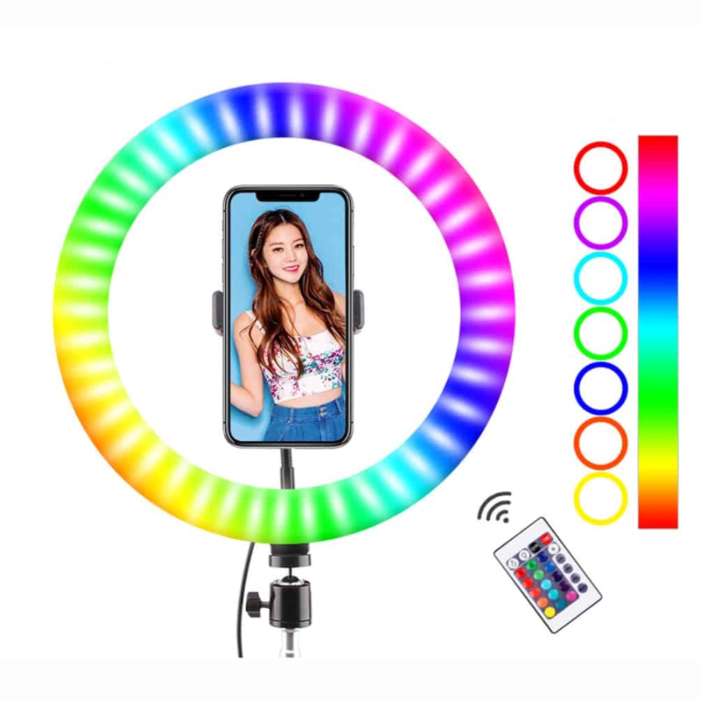 Aro luz LED multicolor RGB, 10w, 26cm + trípode regulable hasta