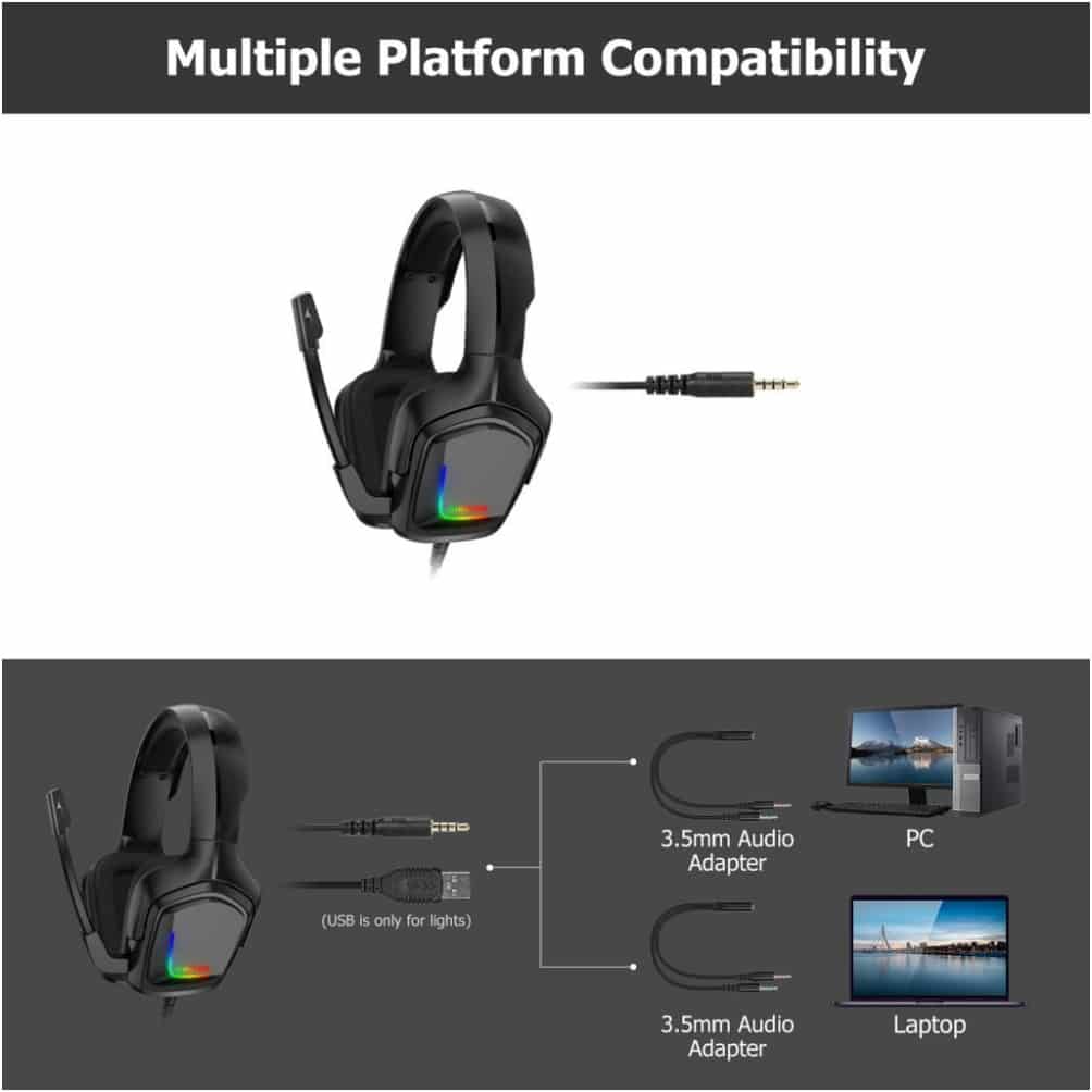 Headset Onikuma K20. Auriculares gaming por cable, con micro, luces LED  RGB. Para PC, PS4, Xbox
