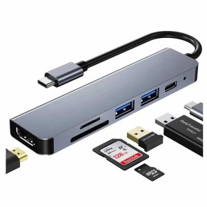 Adaptador HUB USB-C, 6 en 1 (HDMI,2x USB 3.0, TF, SD, USB-C)