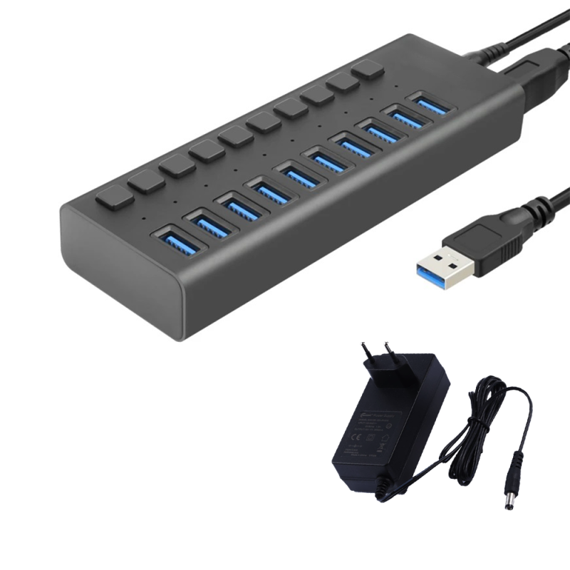 Hub Tecnolab USB 3.0 - 10 Puertos (Led indicador, 5Gbps, 12V)