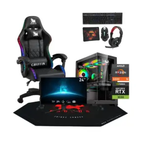 Combo Setup Gamer: PC Warrior 3050, Monitor, Silla gamer, Alfombra, y periférico